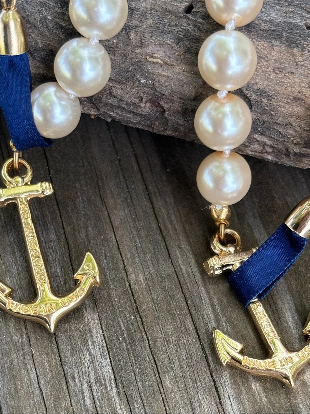 Kiel James Patrick Pearl Bead Necklace with Gold Anchor Charm and Navy Accent